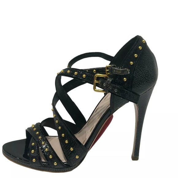 Miu Miu Black Crackle Patent Leather Sandals w/Gold Studs sz 9.5 IT 39.5 - Picture 1 of 9